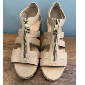 Lauren Ralph Lauren Kelcie Sand Beige Linen Espadrille Wedge Sandals 7B Boho